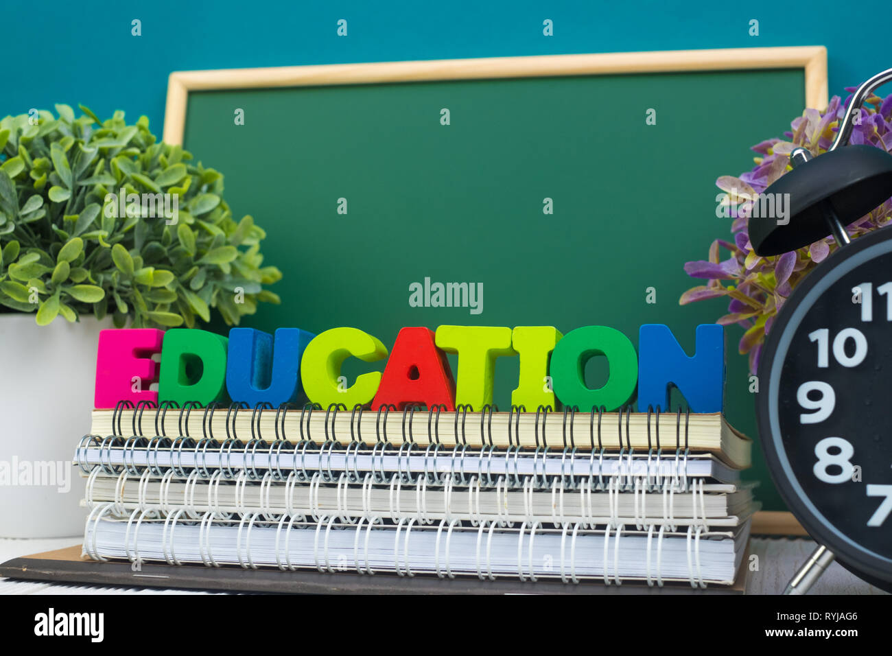 Back to school concept idea, Education text and green chalkboard with ...