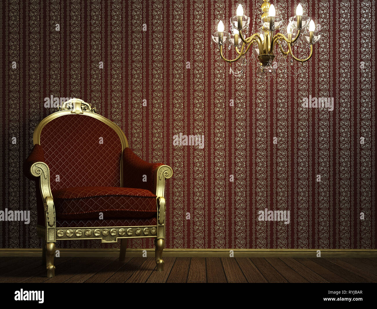 3d illustration graphic background of a interior wallpaper with a seat and  a chandelier Stock Photo - Alamy