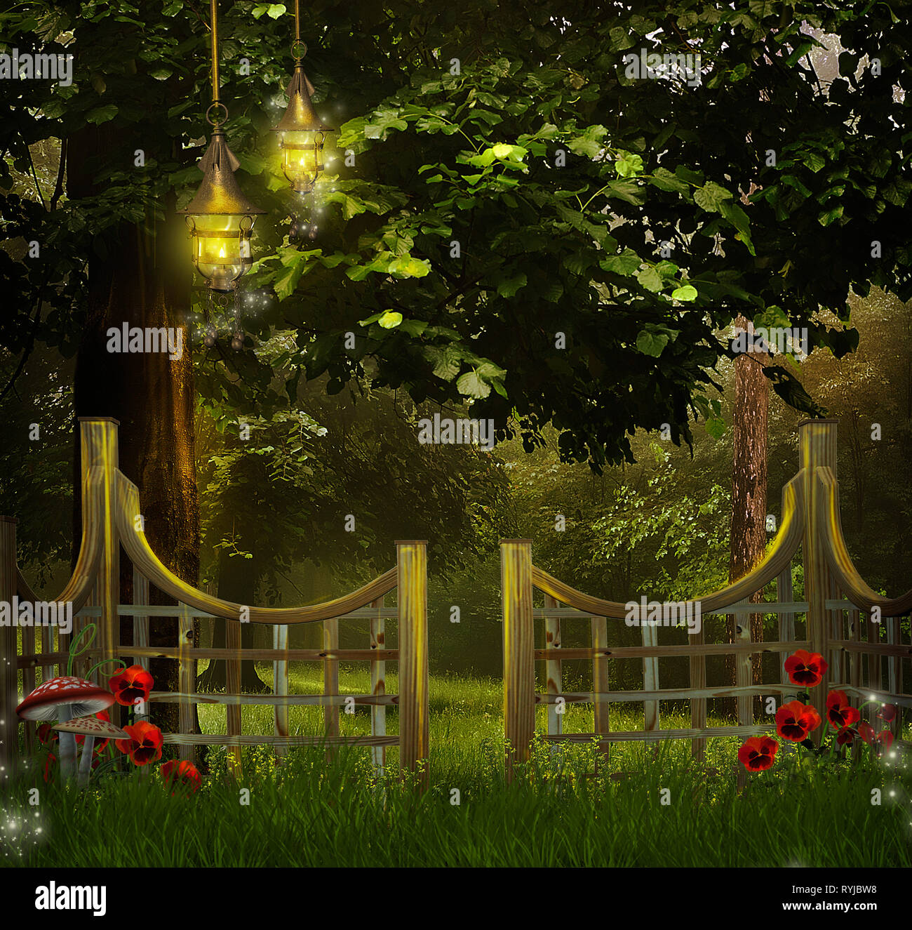 3d illustration fantasy graphic background of trees, flowers,fence and  mushrooms Stock Photo - Alamy