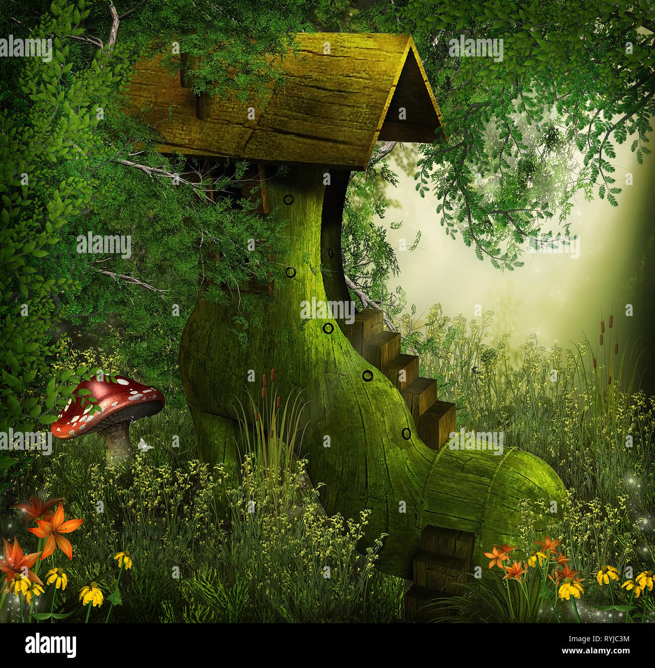 3d illustration fantasy graphic background of forest with tree house ...
