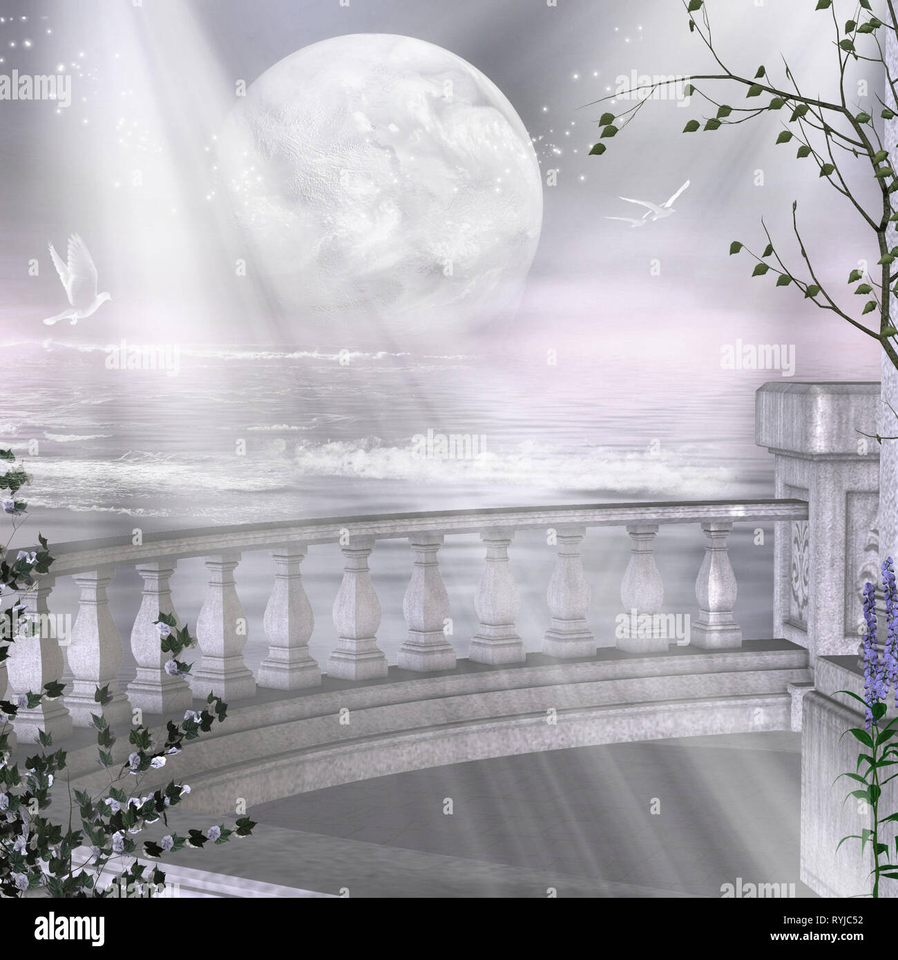 3d illustration fantasy graphic background of heaven with a moon and