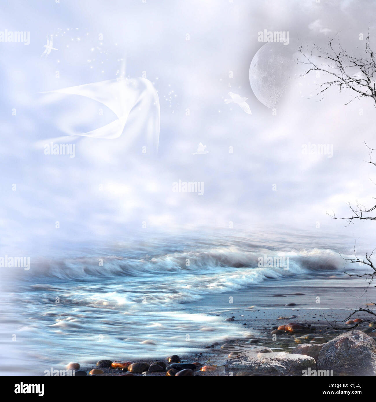 3d illustration fantasy graphic background of an ocean in heaven with a