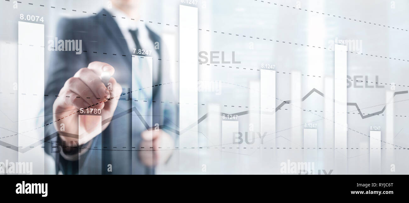 Financial stock trading graph chart diagram business finance concept double exposure mixed media. Stock Photo