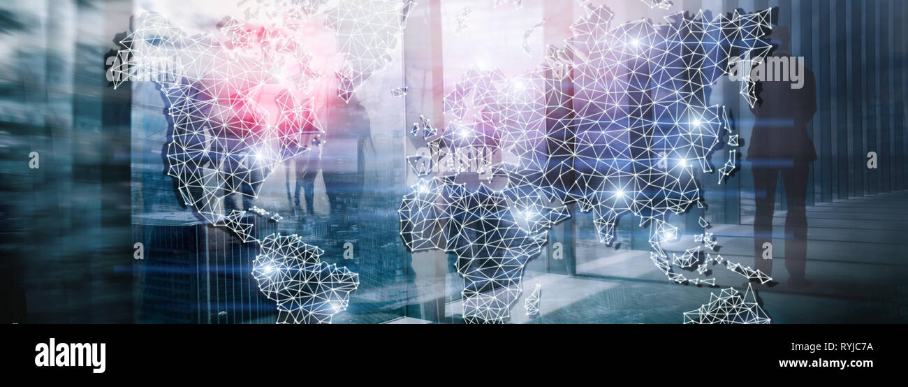 Web site header. Global World Map Double Exposure Network. Telecommunication, International business Internet and technology concept. Stock Photo