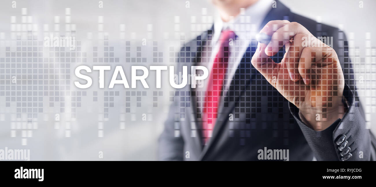 Startup concept with double exposure diagrams blurred background. Stock Photo