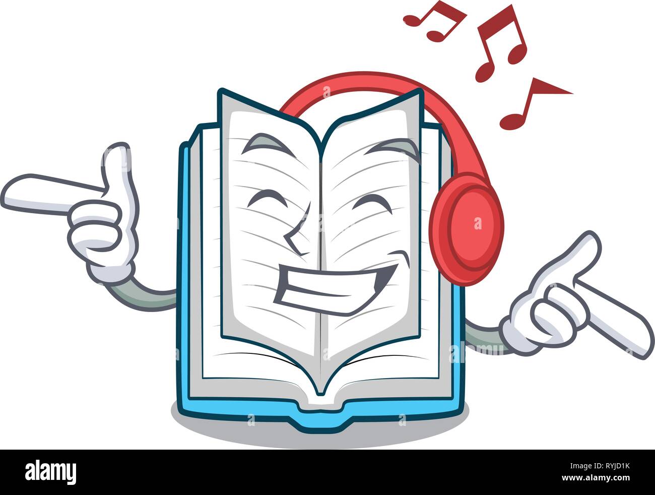 Listening music opened book in the shape mascot Stock Vector