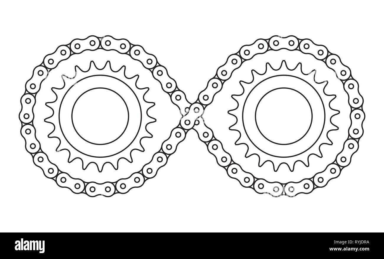 Sprocket, chain and infinity symbol. Vector thin line Stock Vector