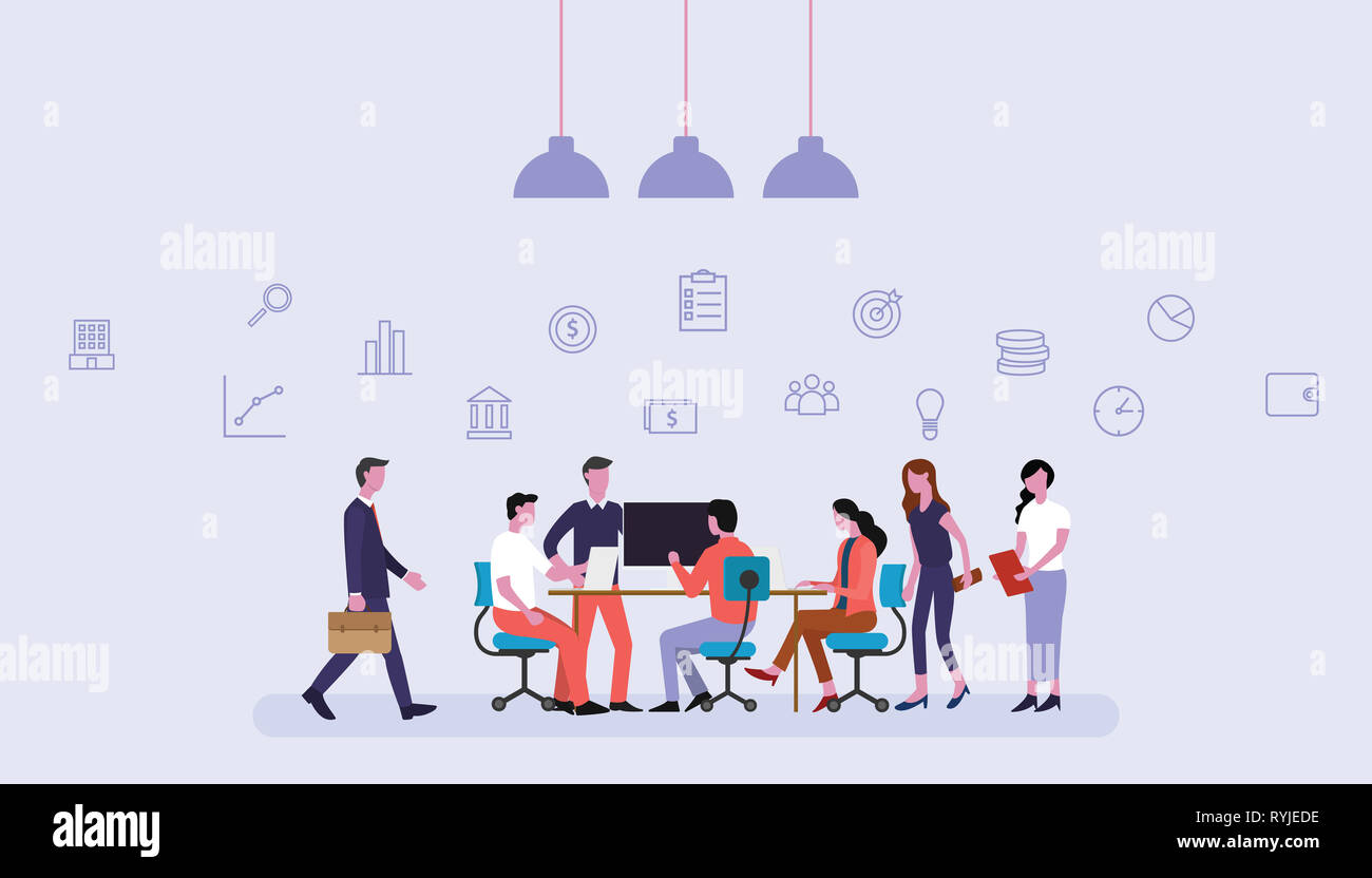 business team working together in office with financial icons - vector ...
