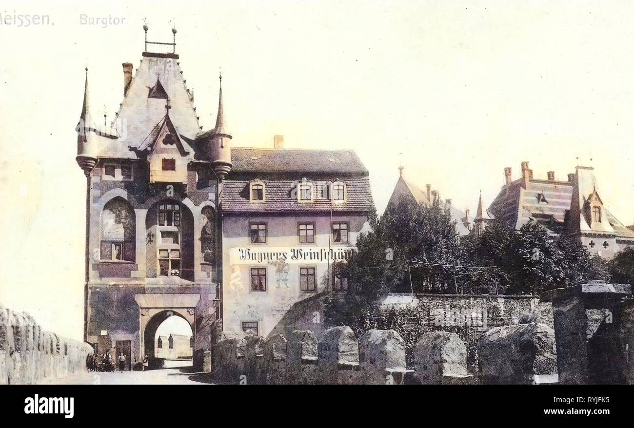Wine taverns in Saxony, Bridges in Meißen, Gates in Saxony, 1897, Meißen, Burgbrücke, Burgtor mit Wagners Weinschank, Germany Stock Photo