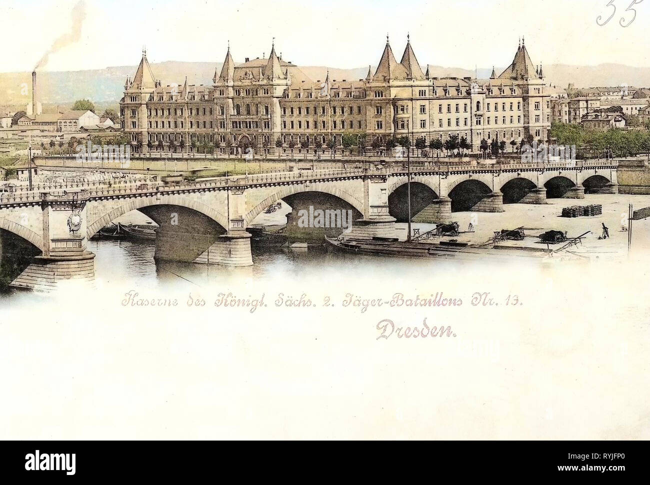 Albertbrücke (Dresden), Barges of Germany, 2. Königlich Sächsisches Jäger-Bataillon Nr. 13, Jägerkaserne (Dresden), 1898, Dresden, Jägerkaserne Stock Photo