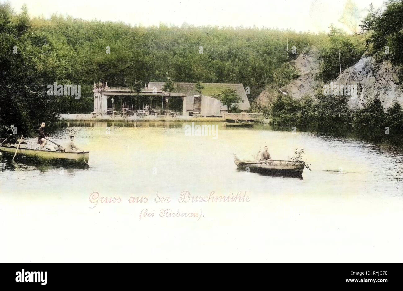 Buschmühle (Niederau), Rowboats in Germany, Ponds in Landkreis Meißen, 1898, Landkreis Meißen, Niederau, Buschmühle Stock Photo