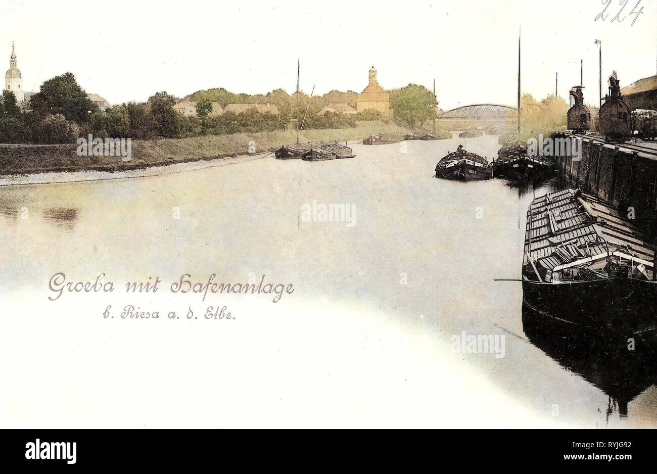 Riesa Hafen, Churches in Riesa, Bridges in Riesa, Port cranes in Saxony, Barges of Germany, 1898, Landkreis Meißen, Gröba b. Riesa, Hafenanlage Stock Photo