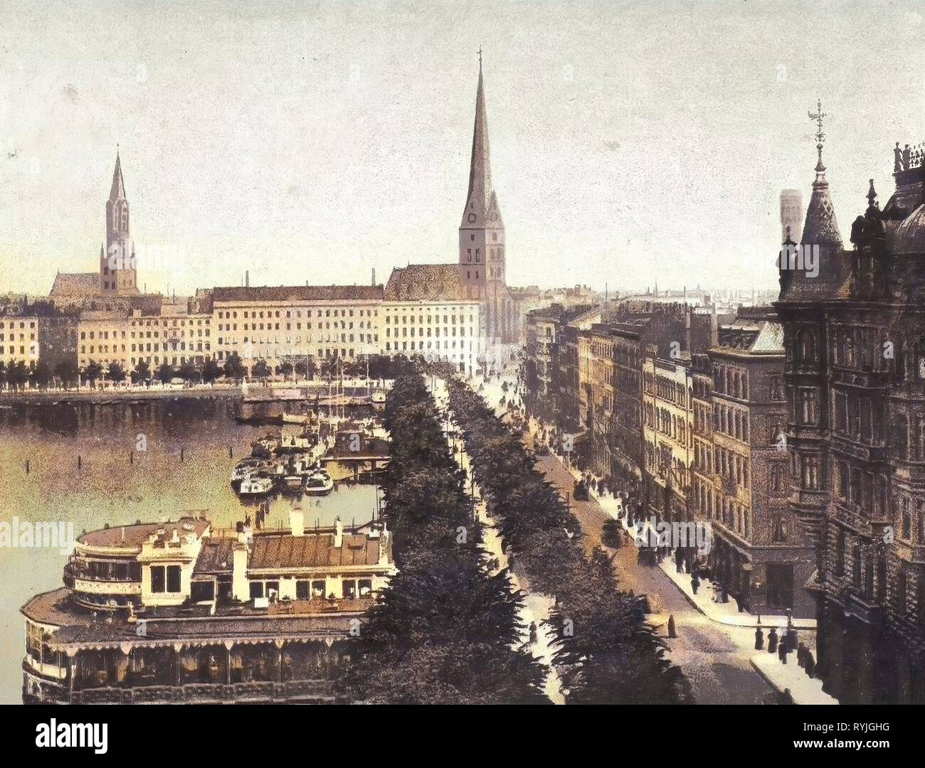 Jungfernstieg, St. Petri, Hamburg, Ships in Hamburg, Binnenalster, Alsterpavillon, Colored, Germany, 1898, Alster Stock Photo