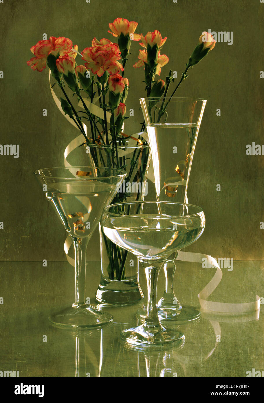Still life with a beautiful bouquet of flowers and a glass of wine ...