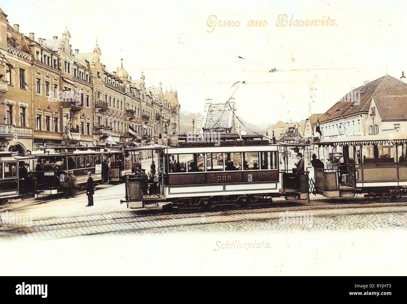 Trams in Dresden, Schillerplatz, Dresden, Blue Wonder, Number 209 on trams, Number 195 on trams, Buildings in Dresden, 1898, Blasewitz, Germany Stock Photo