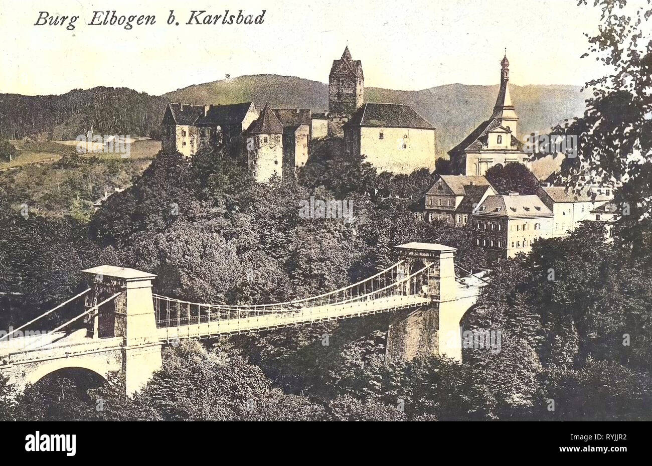 Churches in Sokolov District, History of Loket Castle, 1899, Karlovy Vary Region, Elbogen, Schloß Elbogen und Brücke, Czech Republic Stock Photo