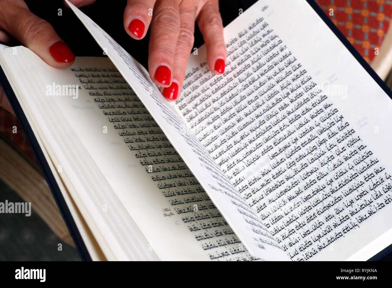 Jewish woman reading the Torah. Close-up. Stock Photo