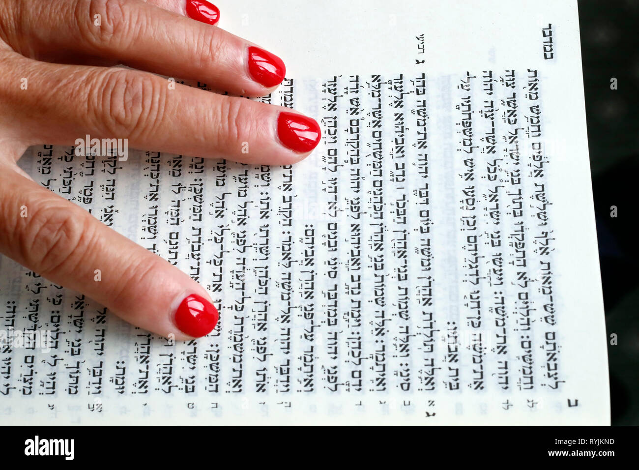 Jewish woman reading the Torah. Close-up. Stock Photo