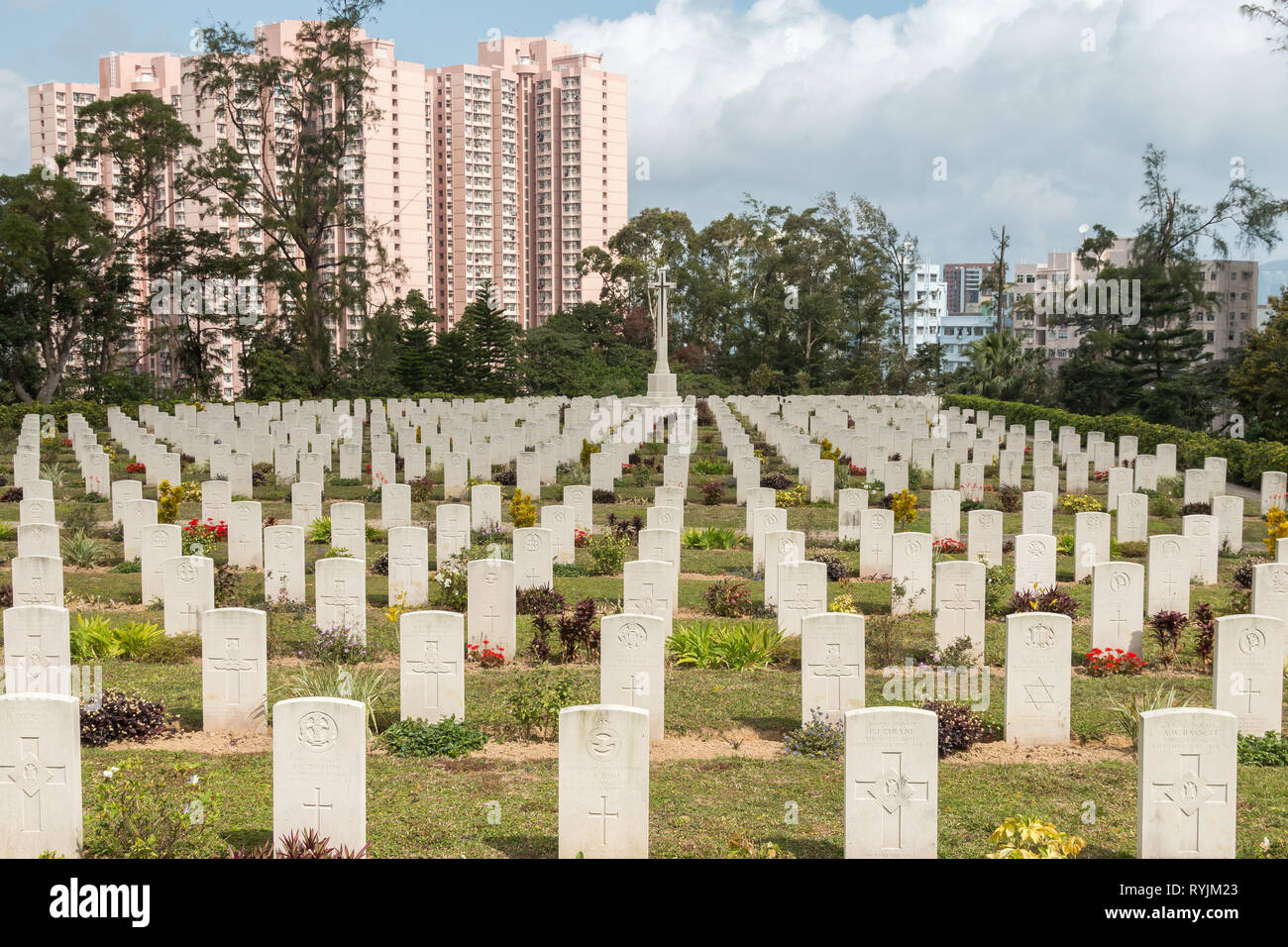 Sai Wan War Cemetery, a military graveyard in Chai Wan, Hong Kong, maintained by the Commonwealth War Graves Commission (CWGC). Stock Photo