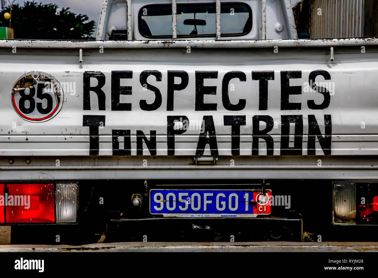 Respect your boss sign on a truck in Abidjan, Ivory Coast. Stock Photo