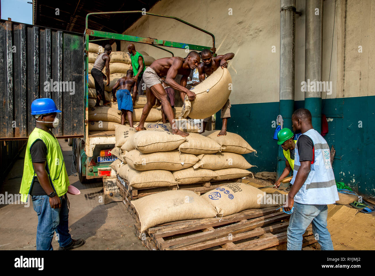 Unloading sacks of cocoa at Abidjan port. Stock Photo