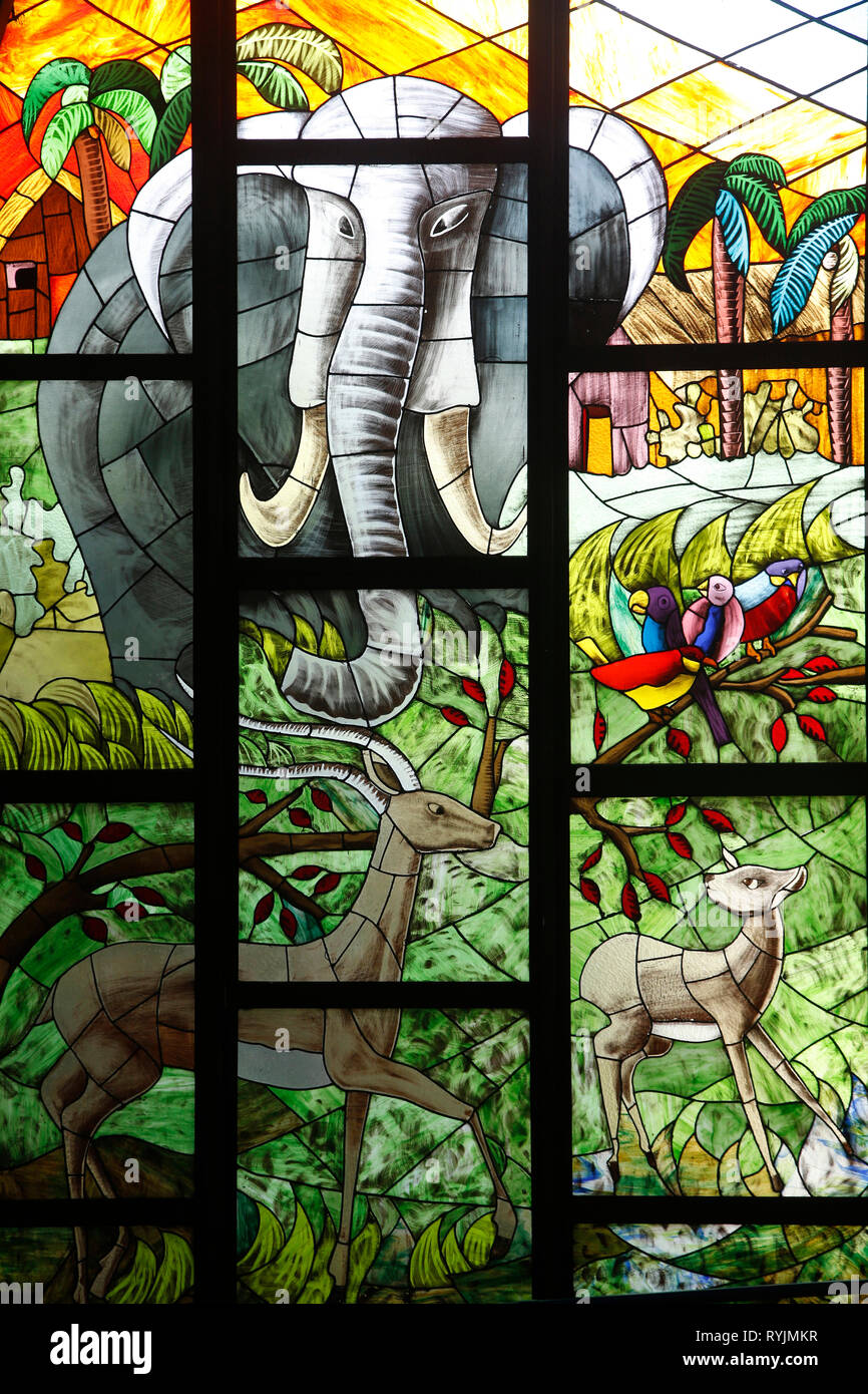 Saint Paul's catholic cathedral, Abidjan, Ivory Coast. Stained glass depicting African fauna. Stock Photo