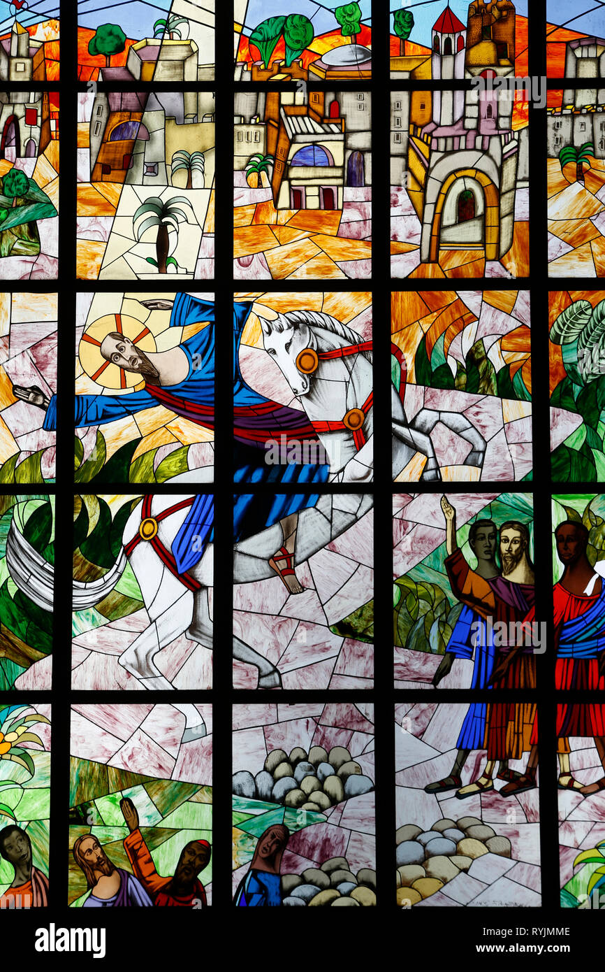 Saint Paul's catholic cathedral, Abidjan, Ivory Coast. Stained glass depicting St Paul's conversion. Stock Photo