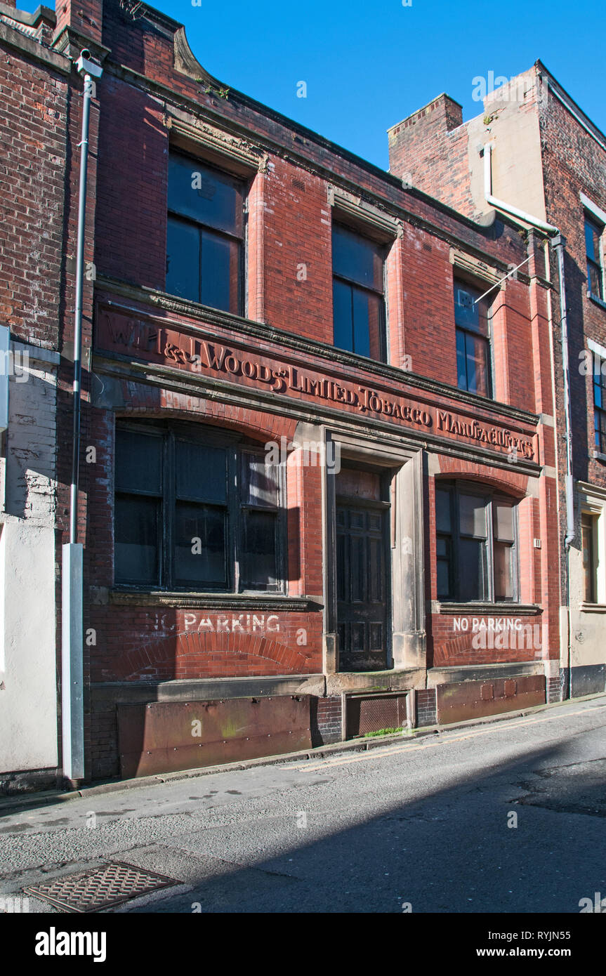 tobacco preston Around the UK - Redundant Building, Tobacco Manufacturer, W H & J  Woods.Avenham St. Preston Stock Photo