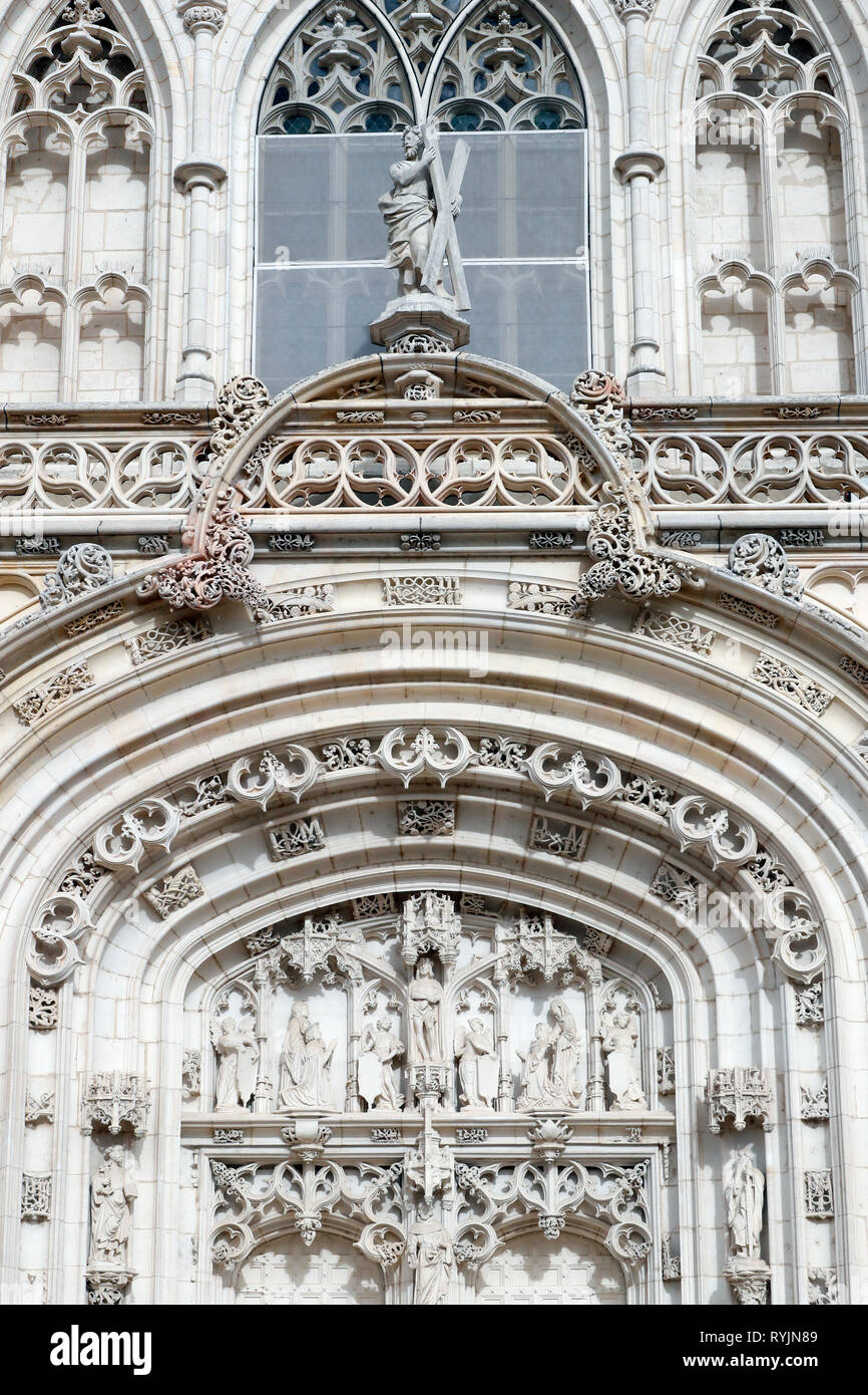 The royal monastery of Brou.  The church is a masterpiece of the Flamboyant Gothic style. Western portal. Bourg en Bresse. France. Stock Photo