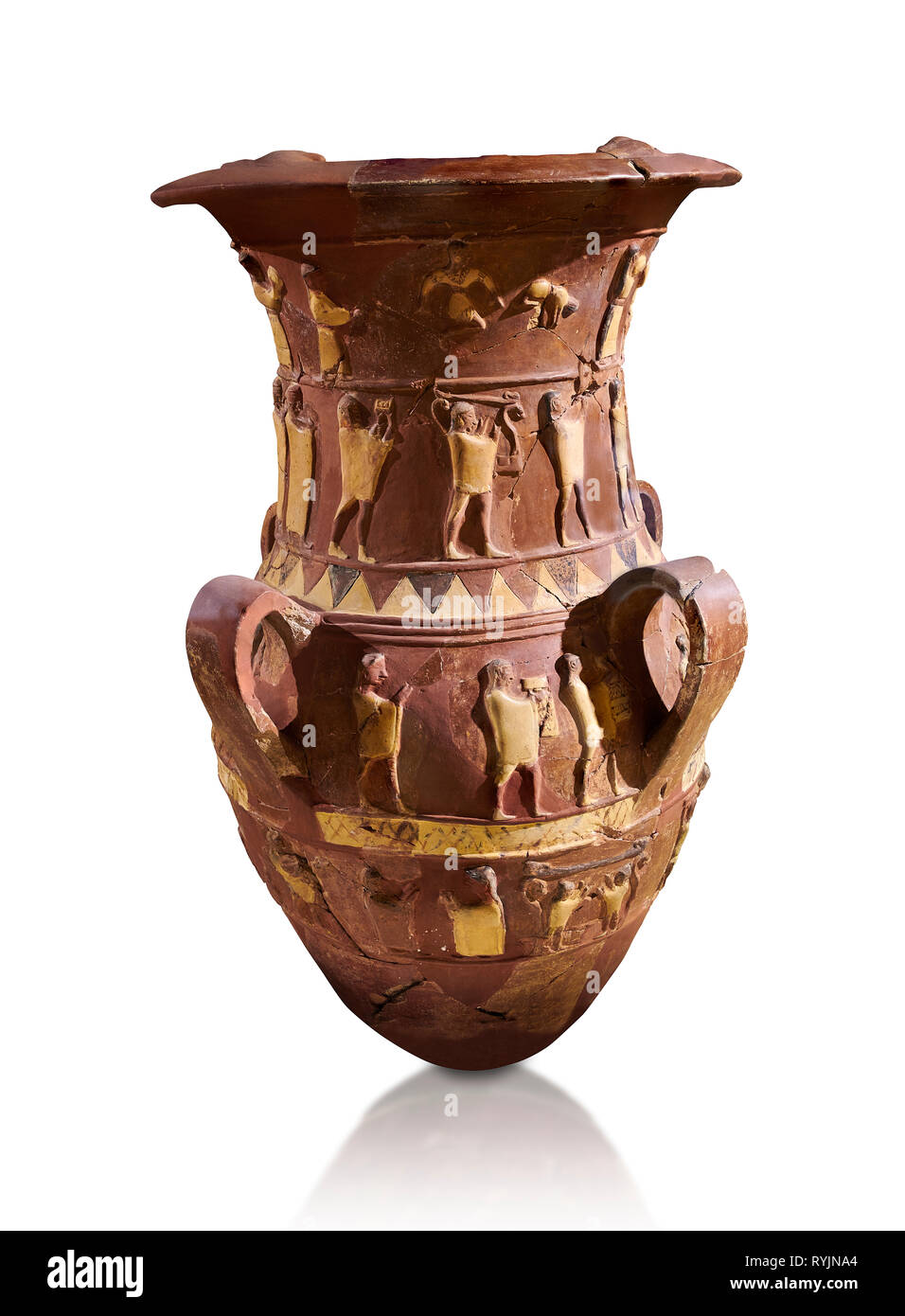 Inandik Hittite relief decorated cult libation vase with four decorative friezes featuring figures coloured in cream, red and black. The processional Stock Photo