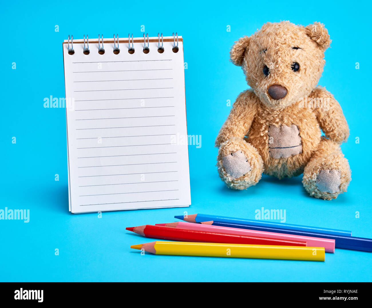 little brown teddy bear and a blank notebook on a blue background Stock ...