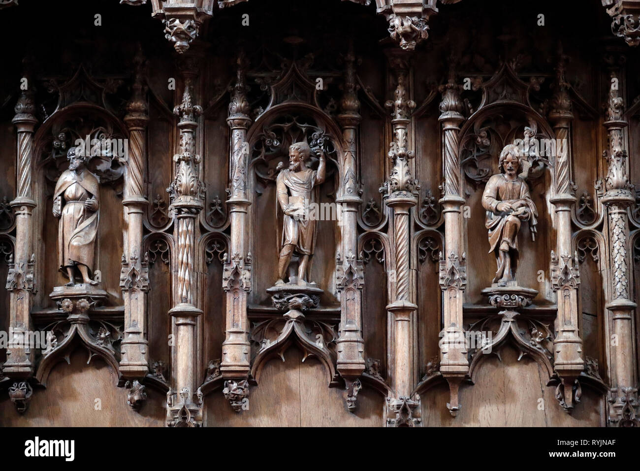 The royal monastery of Brou.  Choir stalls. The oak stalls, made between 1530 and 1532, are distributed along the two bay of the choir. Bourg en Bress Stock Photo