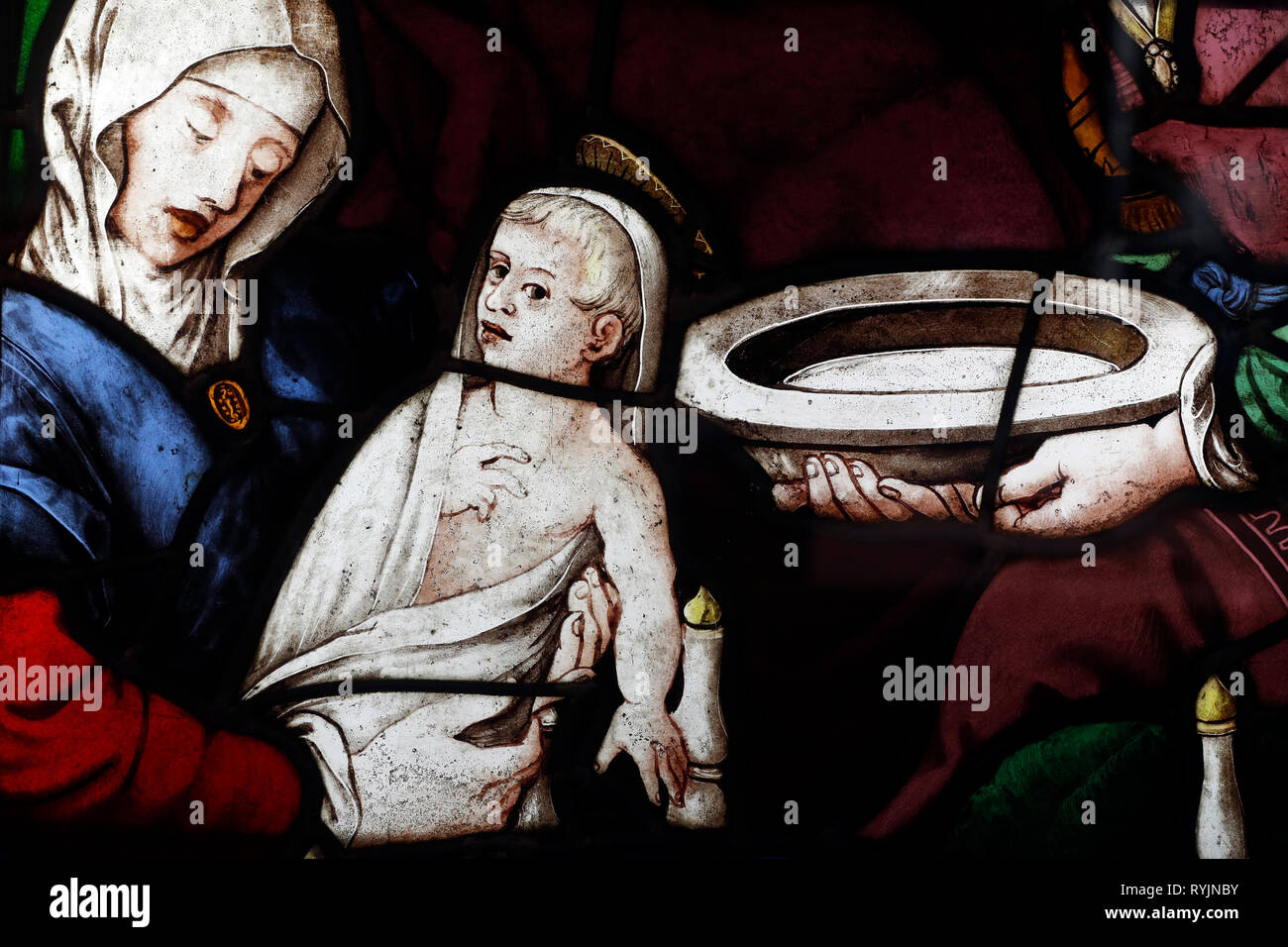 The royal monastery of Brou.   The museum. Stained glass window.  The birth of the Virgin Mary.  16 th century.  Bourg en Bresse. France. Stock Photo