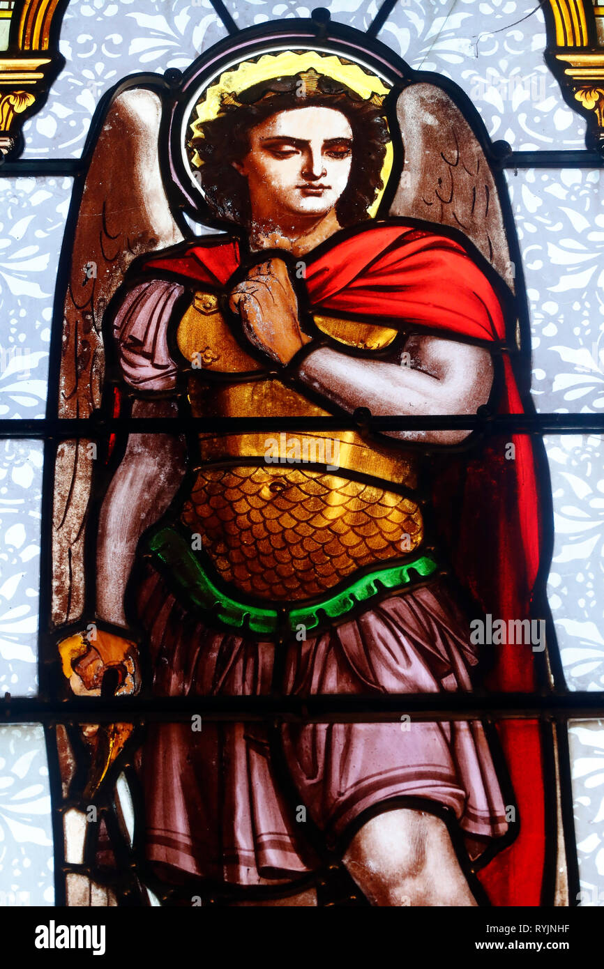 Saint-Jean de Bosco church.  Stained glass window. Saint Michael the Archangel.  Bons en Chablais. France. Stock Photo