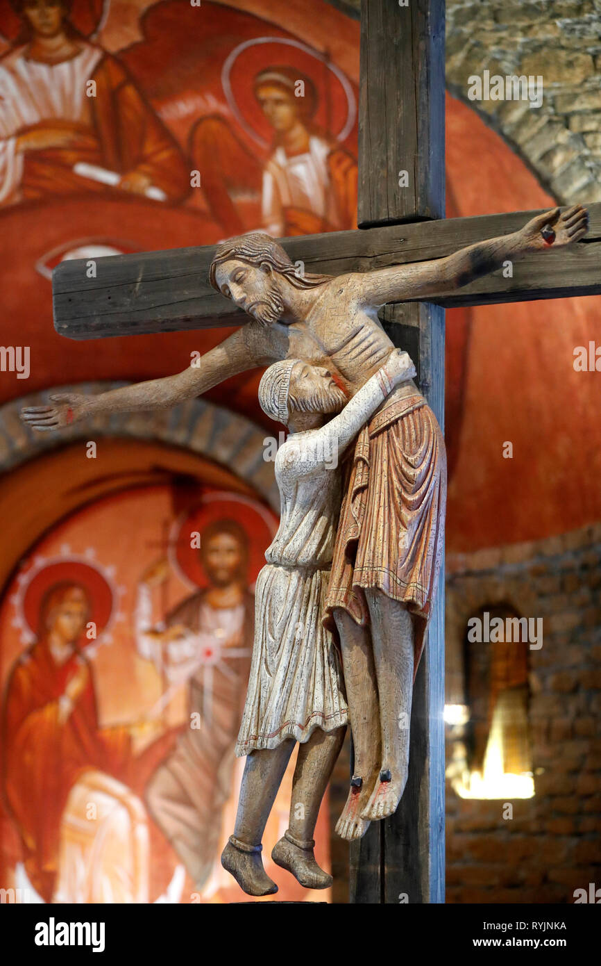 The Sanctuary of Notre Dame des Voirons. jesus on the cross.  Boege. France. Stock Photo