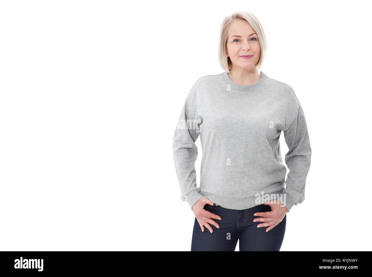 Shirt design and fashion concept. Woman in gray sweatshirt, gray hoodies, blank isolated on white background. mock up Stock Photo