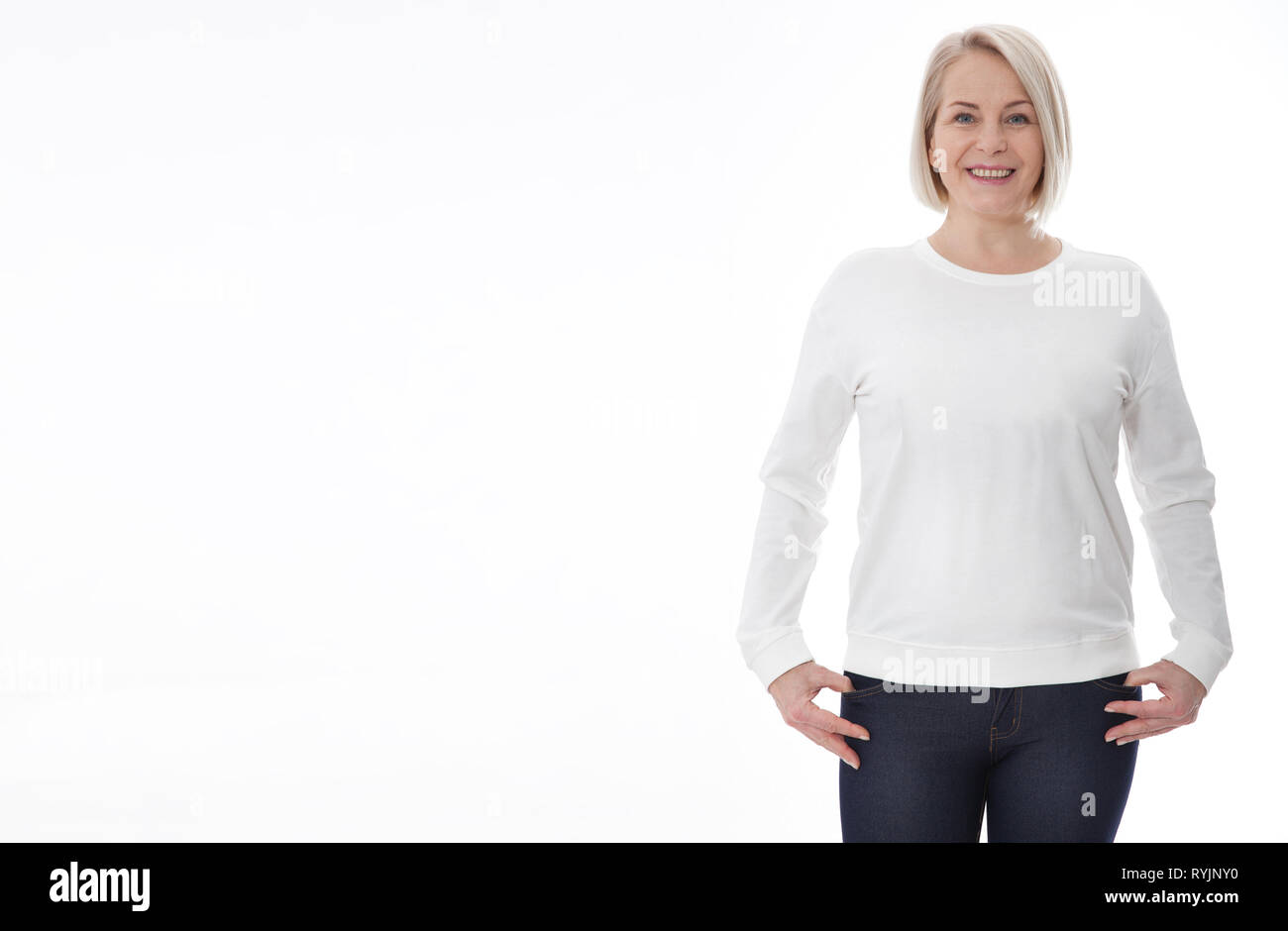 Shirt design and fashion concept. Woman in white sweatshirt, white hoodies, blank isolated on white background. mock up Stock Photo
