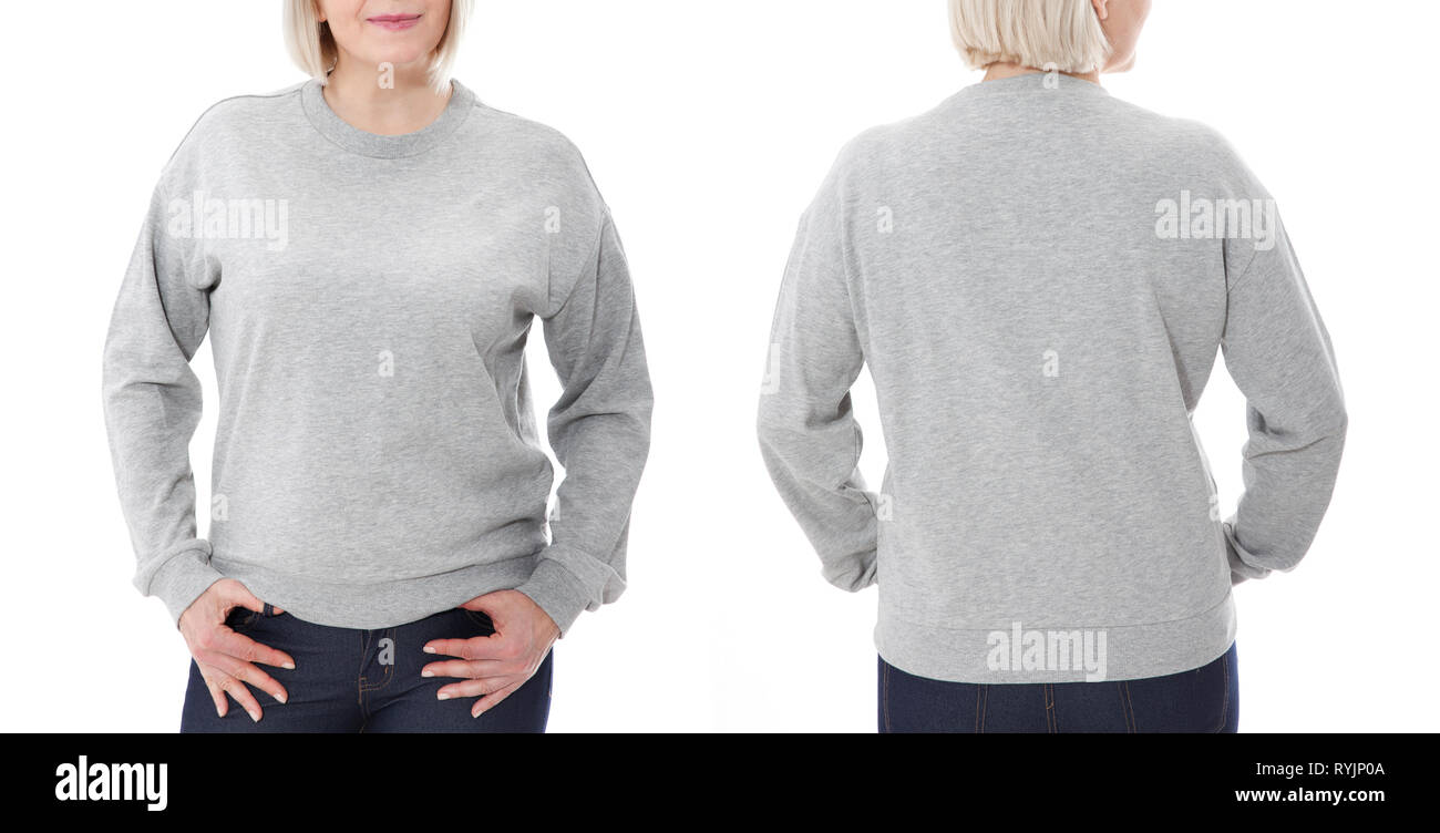 Shirt design and fashion concept. Woman in gray sweatshirt front and rear, gray hoodies, blank isolated on white background. mock up Stock Photo