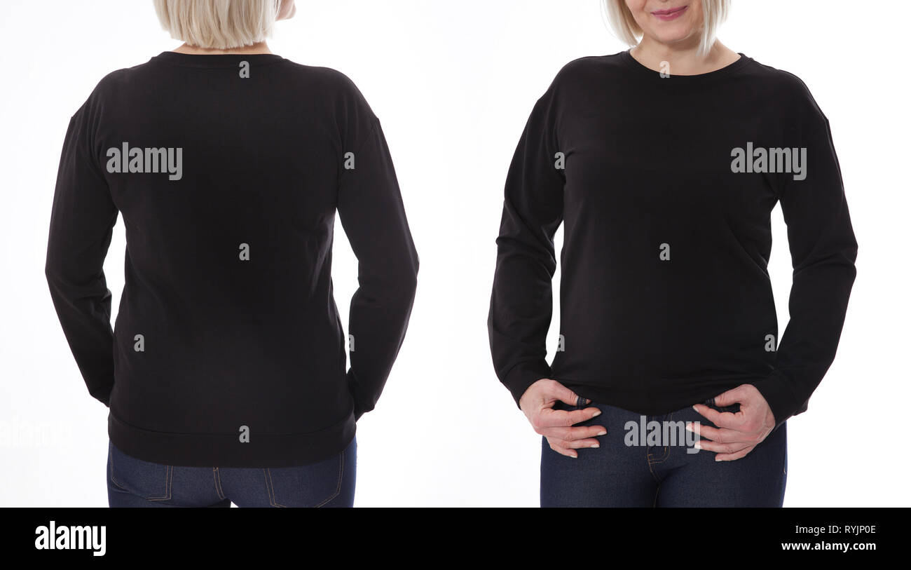 Shirt design and fashion concept. Woman in black sweatshirt front and rear, black hoodies, blank isolated on white background. mock up Stock Photo