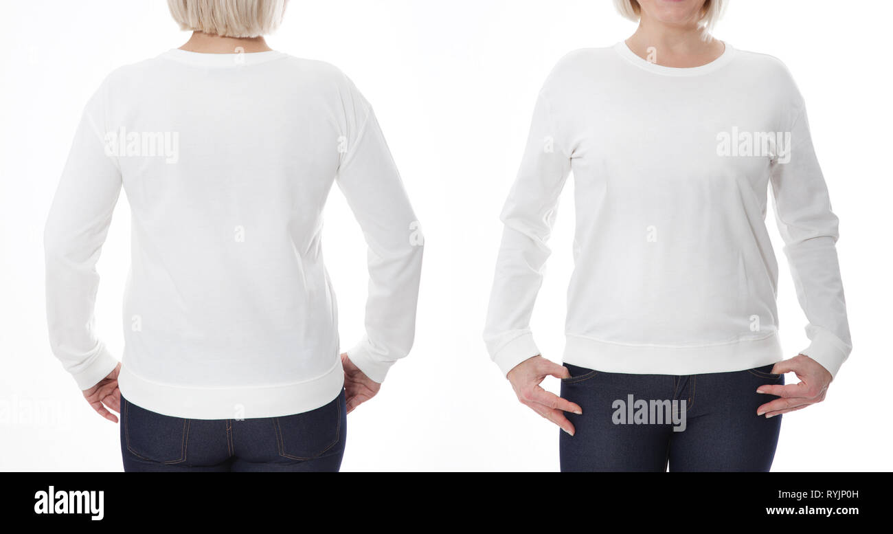 Shirt design and fashion concept. Woman in white sweatshirt front and rear, white hoodies, blank isolated on white background. mock up Stock Photo