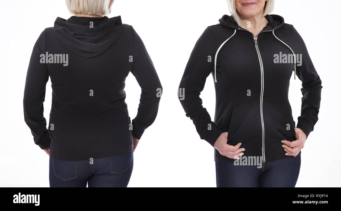Shirt design and fashion concept - young woman in black sweatshirt front and rear, black hoodies, blank isolated on white background. mock up Stock Photo