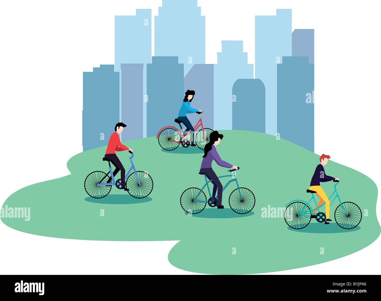 people riding bikes in the park city activities vector illustration ...