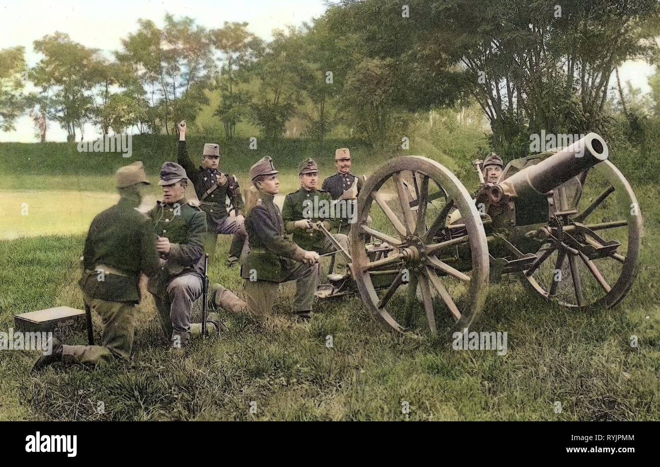 10 cm M. 99 Feldhaubitze, Austro-Hungarian Army, 1910, Ústí nad Labem Region, Theresienstadt, Schießen mit der neuen Feldhaubitze aus gedeckter Stellung, Czech Republic Stock Photo