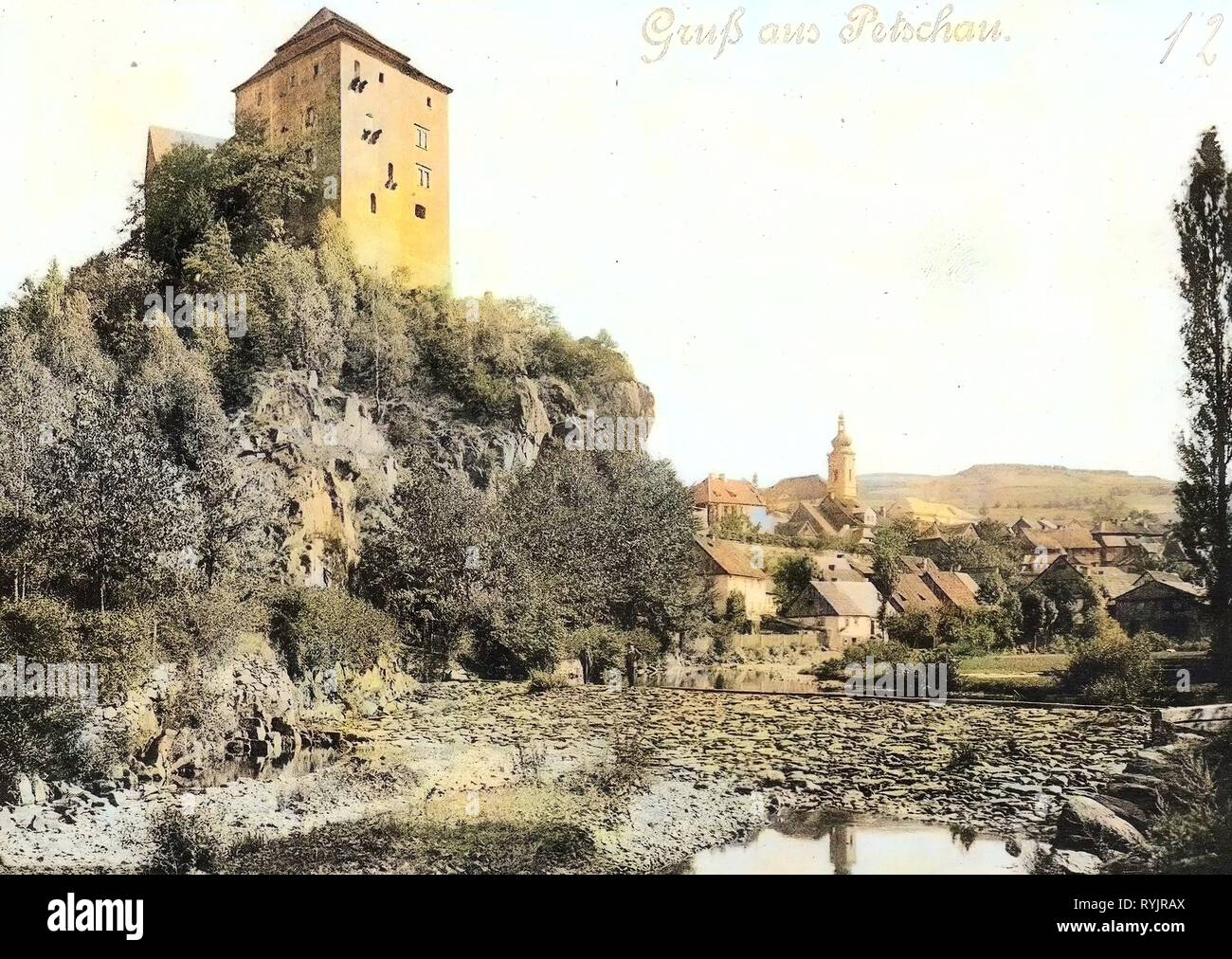Bečov nad Teplou Castle, 1899, Karlovy Vary Region, Petschau, Ansicht mit Burg, Czech Republic Stock Photo