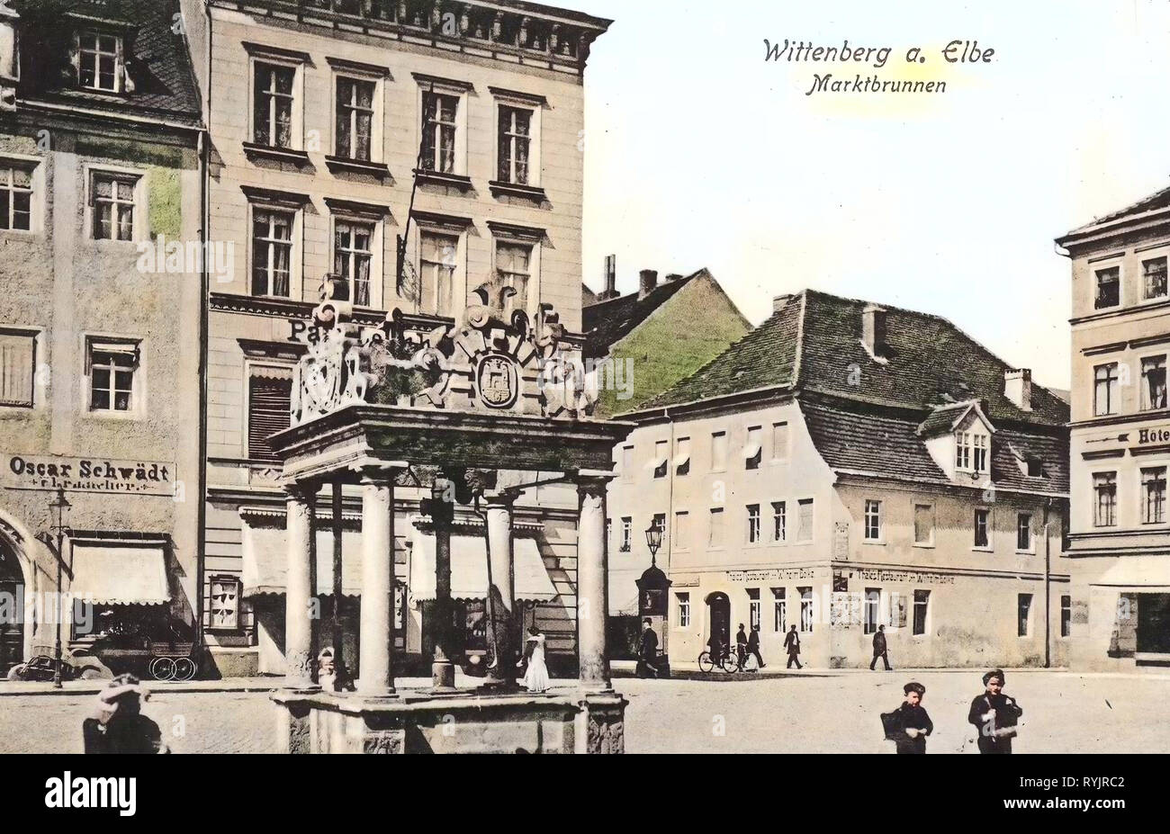 Marktbrunnen (Wittenberg), Buildings in Wittenberg, Markt (Wittenberg), 1911, Saxony-Anhalt, Wittenberg, unterer Marktbrunnen Markt und Marktbunnen, Germany Stock Photo
