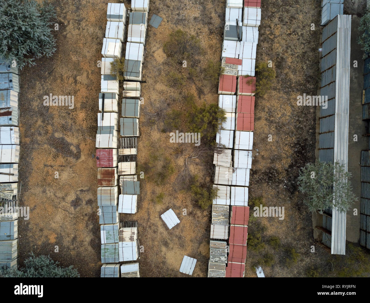Abandoned industrial gold mine environment and historic mining facility captured with aerial