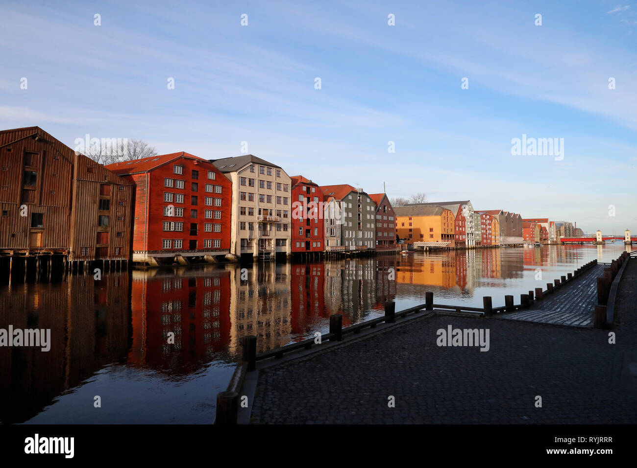 Restored and converted storehouses along the River Nidelva. Trondheim. Norway. Stock Photo