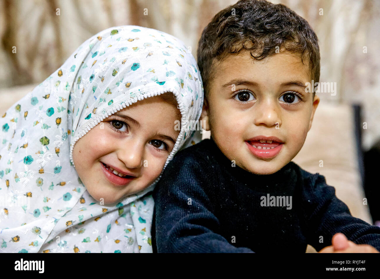 Palestinian children at home in Tulkarem, West Bank, Palestine. Stock Photo