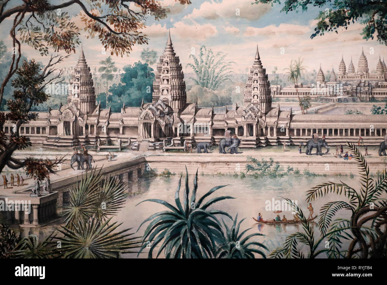 Asian Civilisations Museum. Angkor. Exploring Cambodia's sacred city.  View of Angkor Wat. Print bsed on a drawing by Jacques Guiaud after a skech by Stock Photo