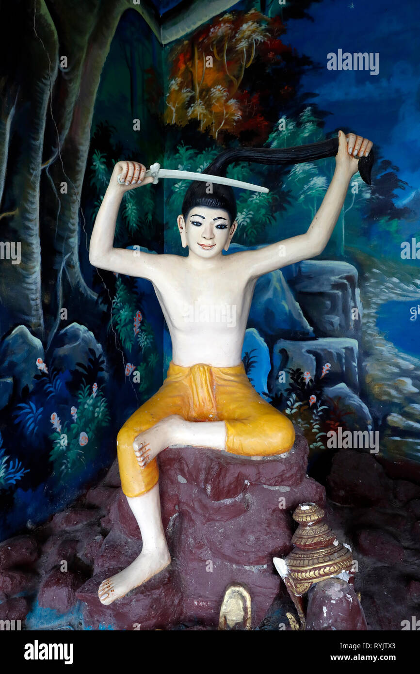 The Life of the Buddha, Siddhartha Gautama.  Prince Siddhartha cut off his hair to renounce the worldly life at the bank of the Anoma River.  Ha Tien. Stock Photo